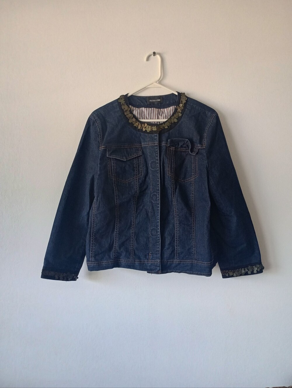 Womens FOCUS 2000 Embellished Denim Jean Lined Snap Buttons JACKET Size 14
